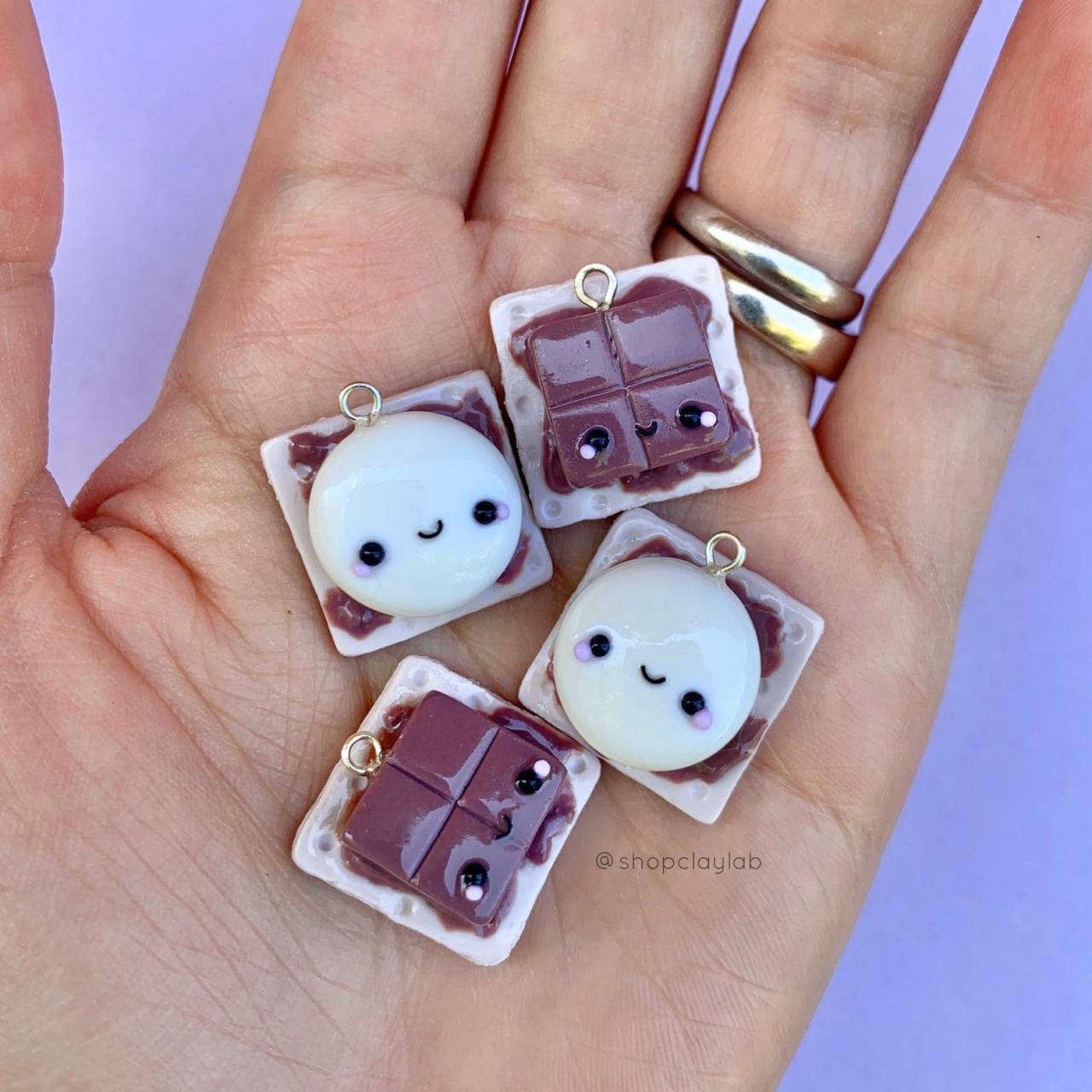 Bff Kawaii S’mores Polymer Clay Charm Pendants Set| Friendship Necklace| Cute Crochet Progress Keepers| Kawaii Stitch Markers| Funny Gifts