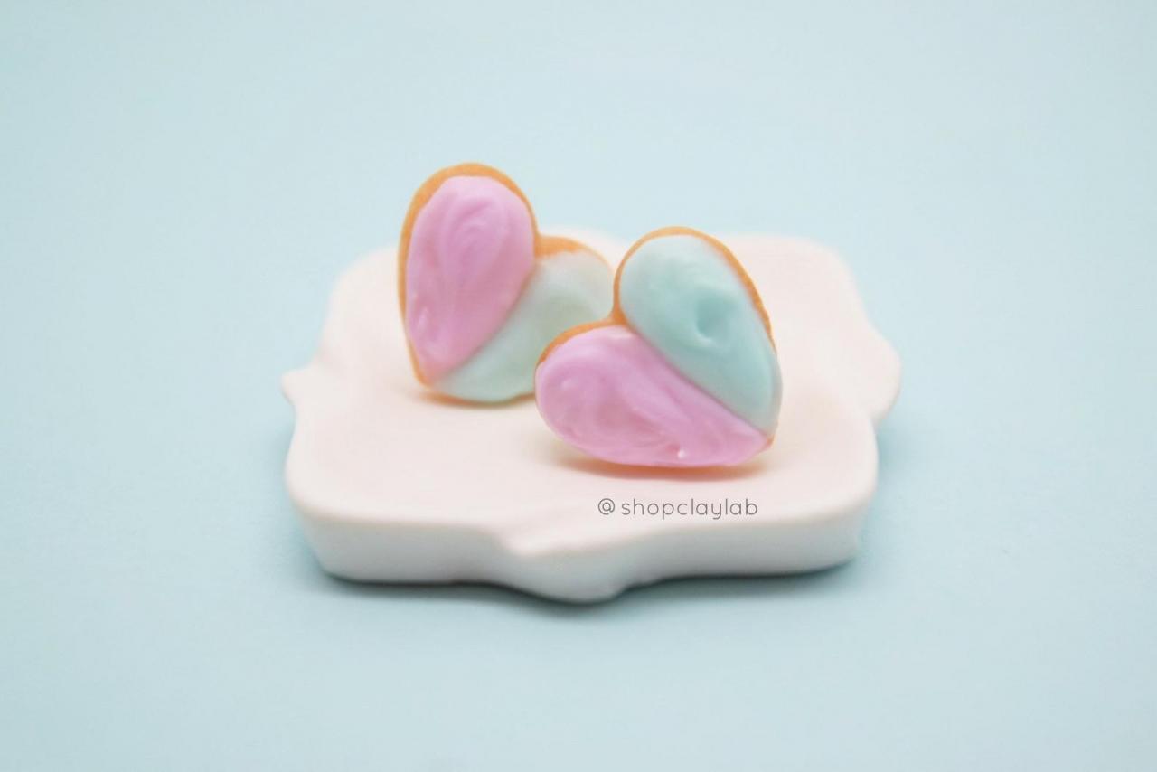 Love Heart Sugar Cookie Stud Earrings| Pink And Mint Heart Earrings| Valentines Funny Gifts| Kawaii Jewellery| Cute Accessory