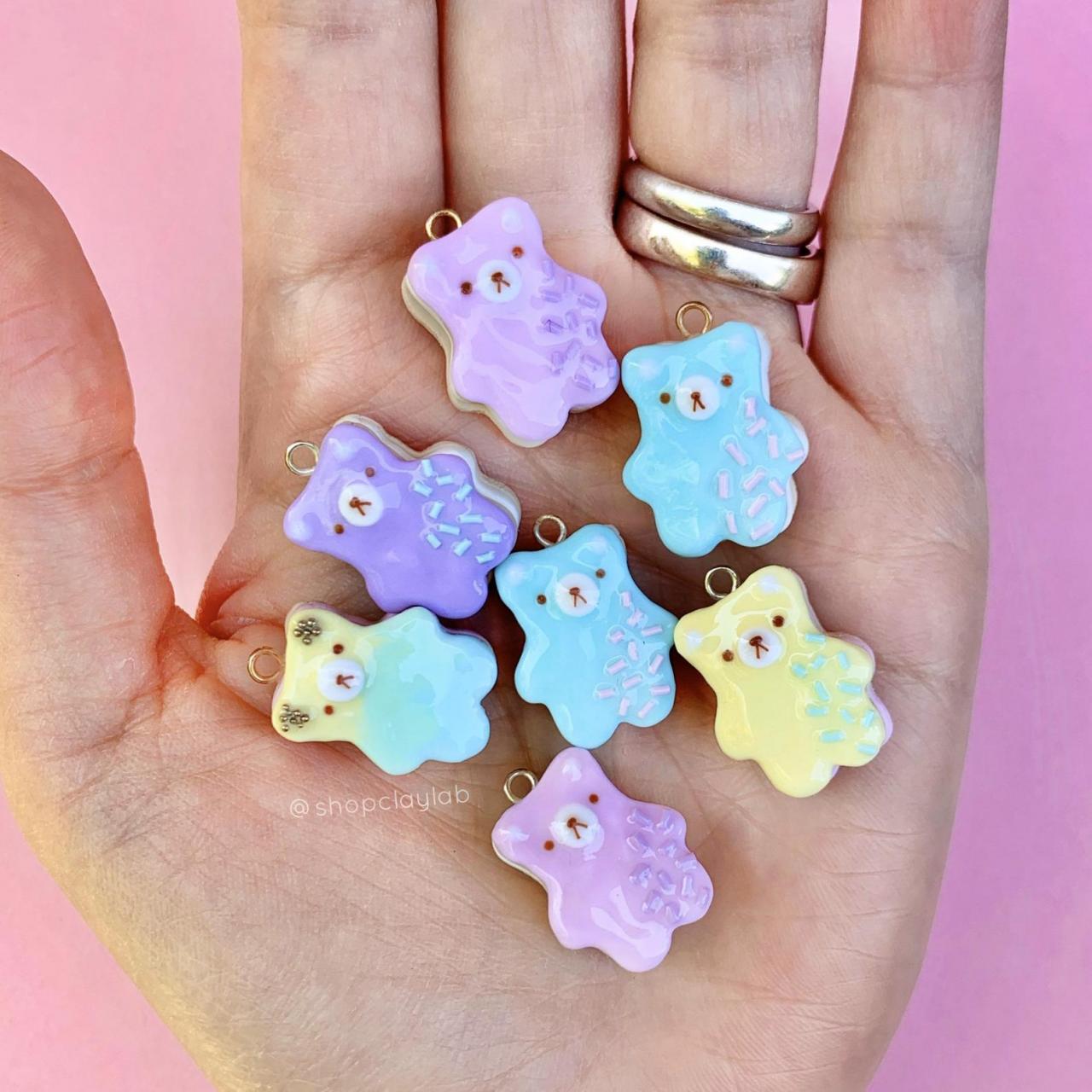 Kawaii Bear Cookies Pendant Polymer Clay Charms| Cute Pink Bear Biscuit Jewellery| Fake Food Accessory| Crochet Progress Keepers