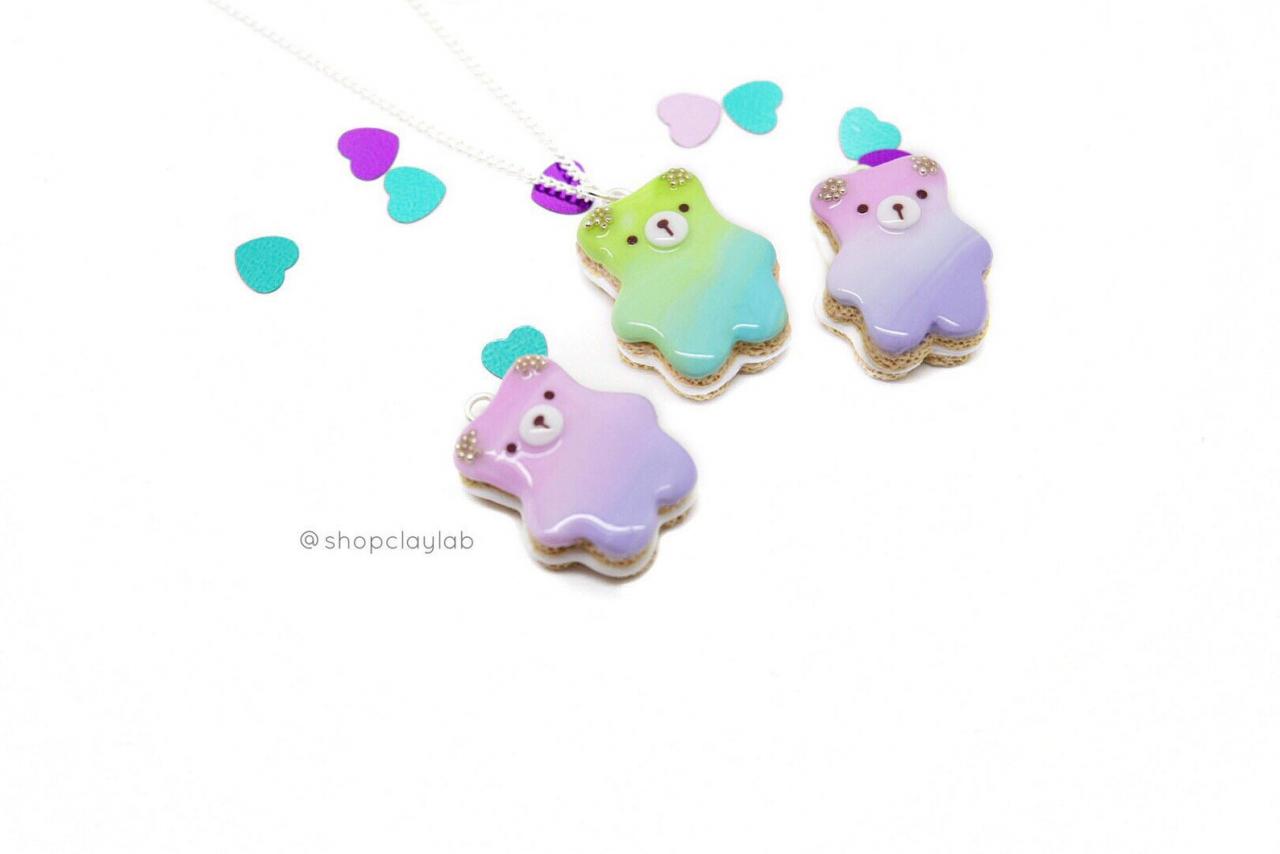 Ombre Pink Purple Bear Biscuit Cookie Pendant