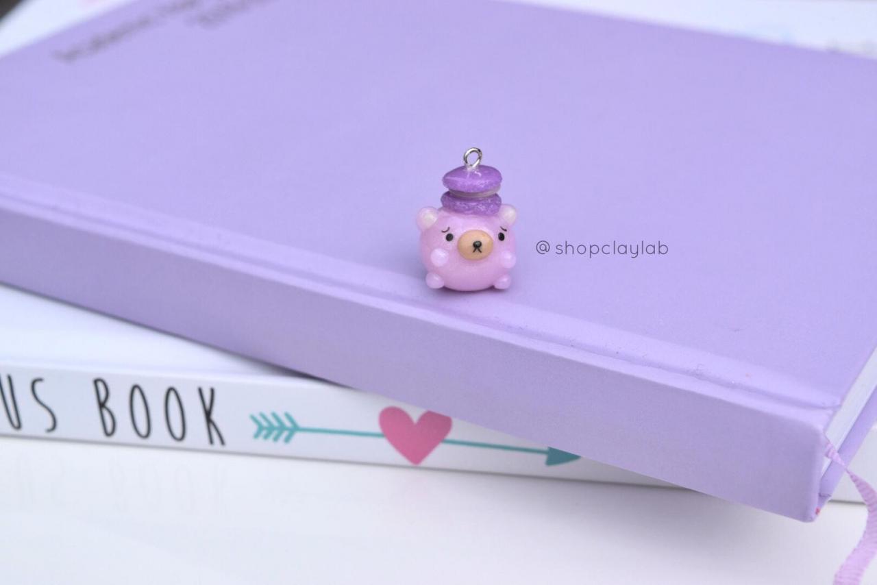 Tiny Pink Chubby Bear With French Macaroon Kawaii Jewelery Polymer Clay Charm